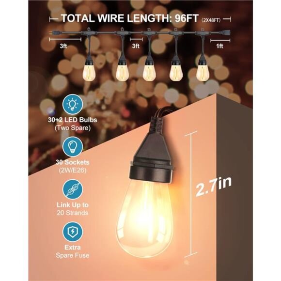 96FT (2x48FT) Outdoor String Lights, Shatterproof Dimmable LED Bulbs String - Picture 4 of 7